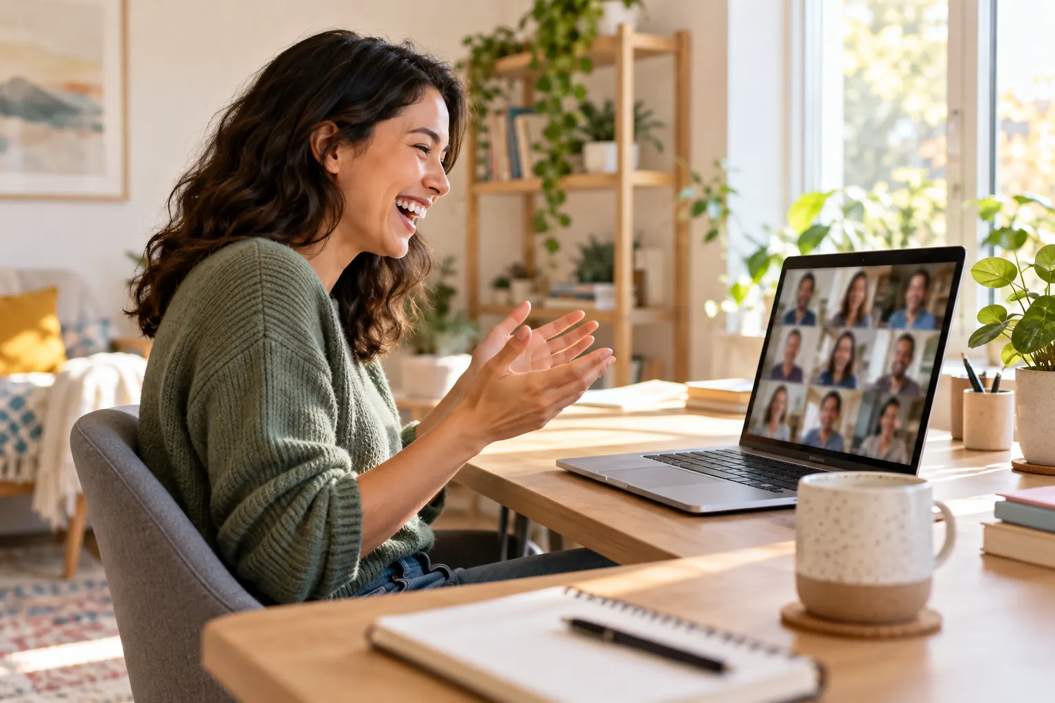 A remote worker laughs at a home desk during a video call game with colleagues on the laptop screen.