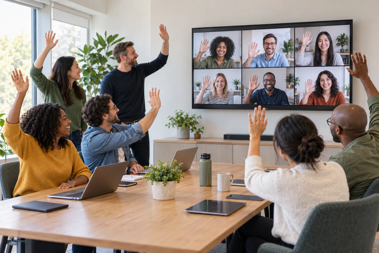Coworkers in a meeting room and remote colleagues on a wall screen all raise their hands at once.