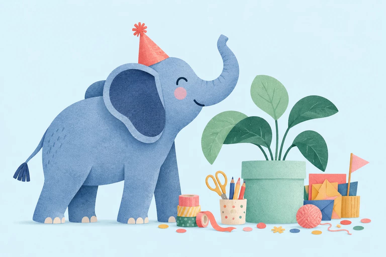 A playful blue elephant wearing a coral party hat beside a potted plant and craft supplies