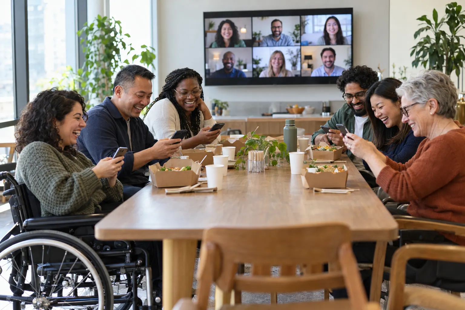 Coworkers at a lunch table playing trivia on their phones with remote colleagues joining on a wall screen video call