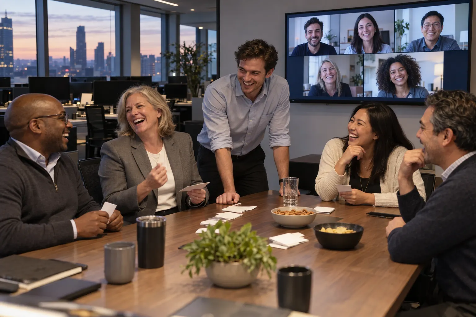 A finance team laughs around a conference table after the close while colleagues from other branches join on a video call