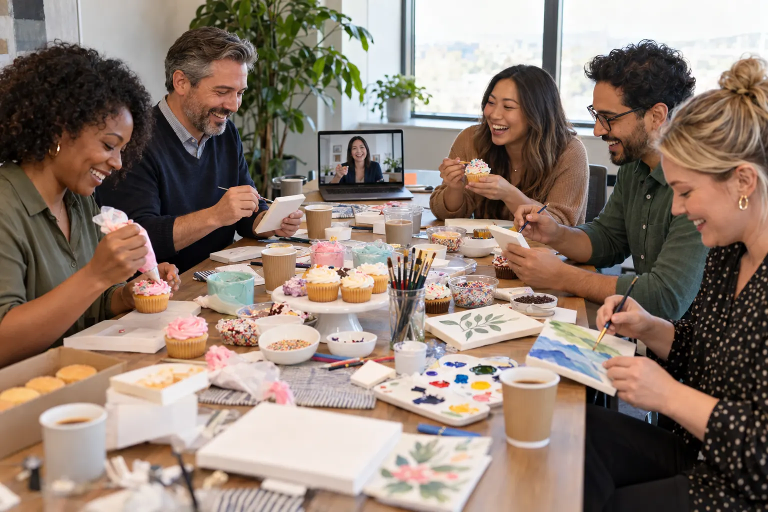 An HR team laughing around a meeting room table, decorating cupcakes and painting small canvases while an instructor leads on a laptop