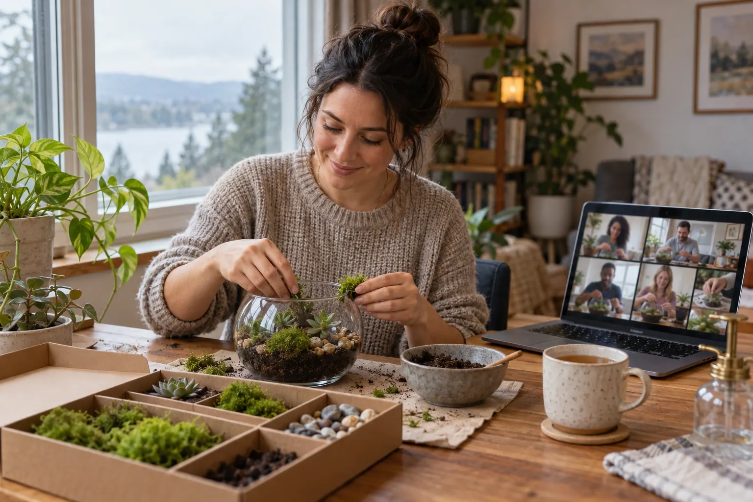 Remote employee building a small terrarium at her desk while colleagues do the same on a laptop video call