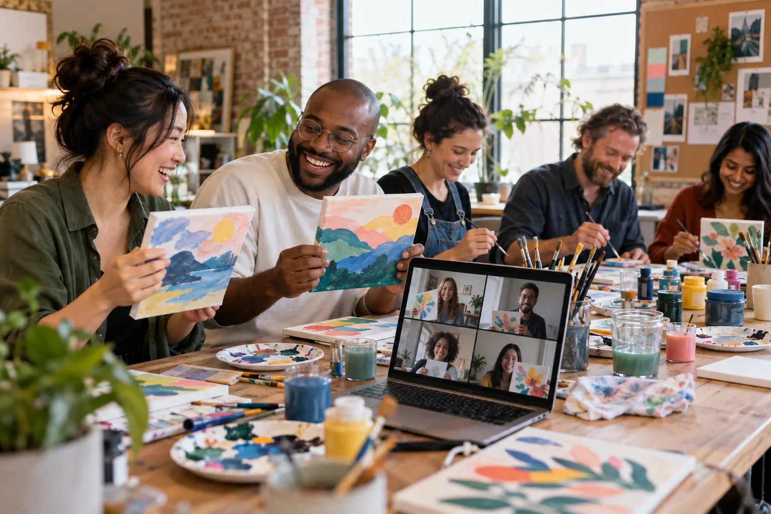 Marketing team painting canvases at a studio worktable while remote teammates paint along on a laptop video call