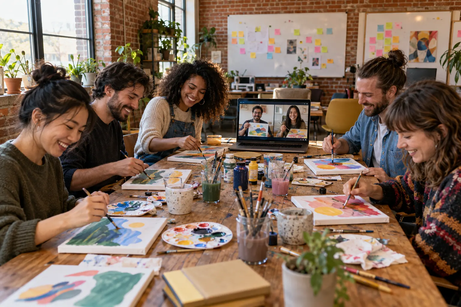 A small startup team paints canvases together at a table in a brick loft office while two remote teammates join on a laptop