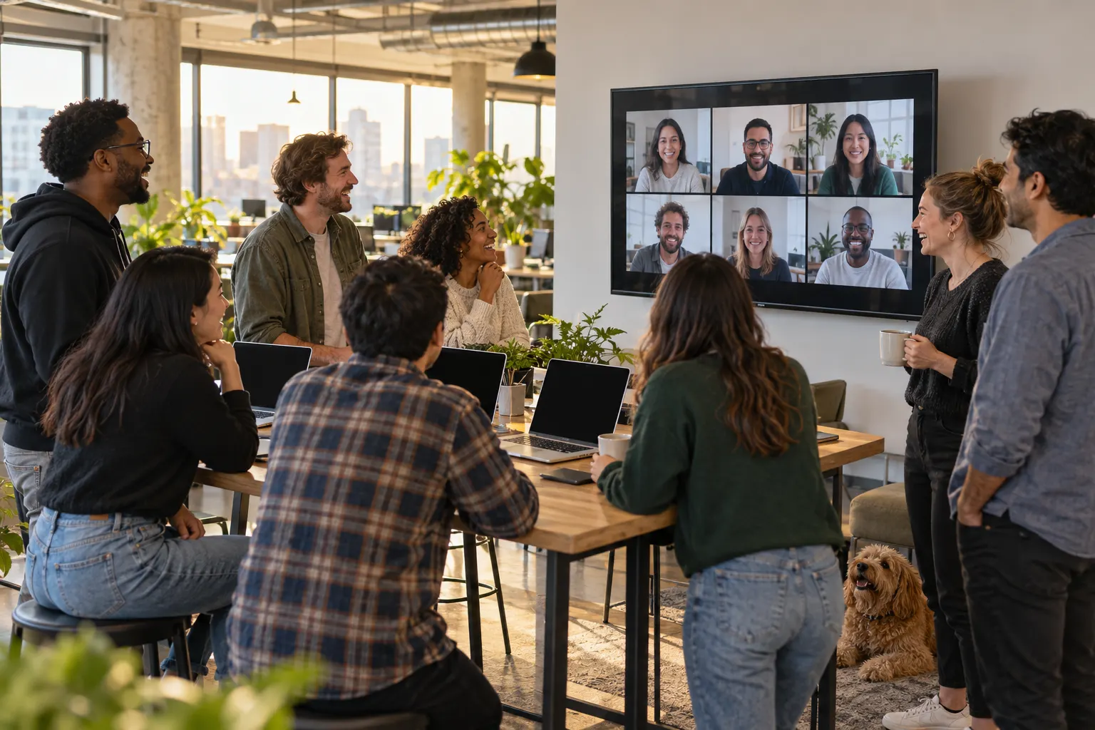 Coworkers in a bright open-plan office laugh in front of a large screen showing remote colleagues on a video call