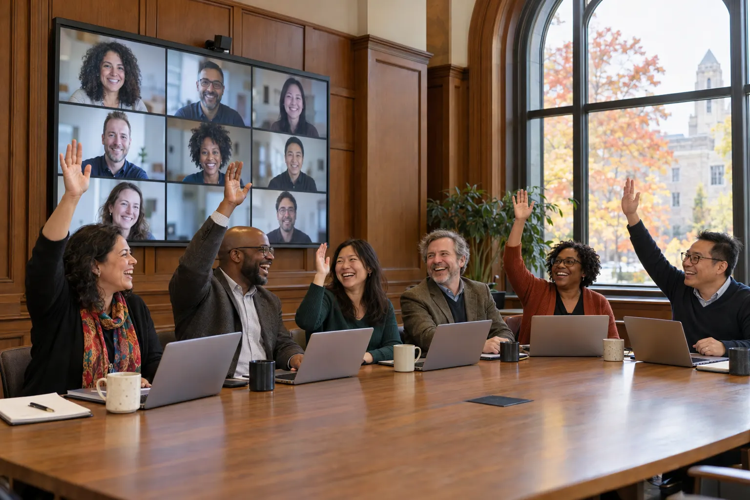 University staff in a campus seminar room playing a hosted game with remote colleagues on a wall screen