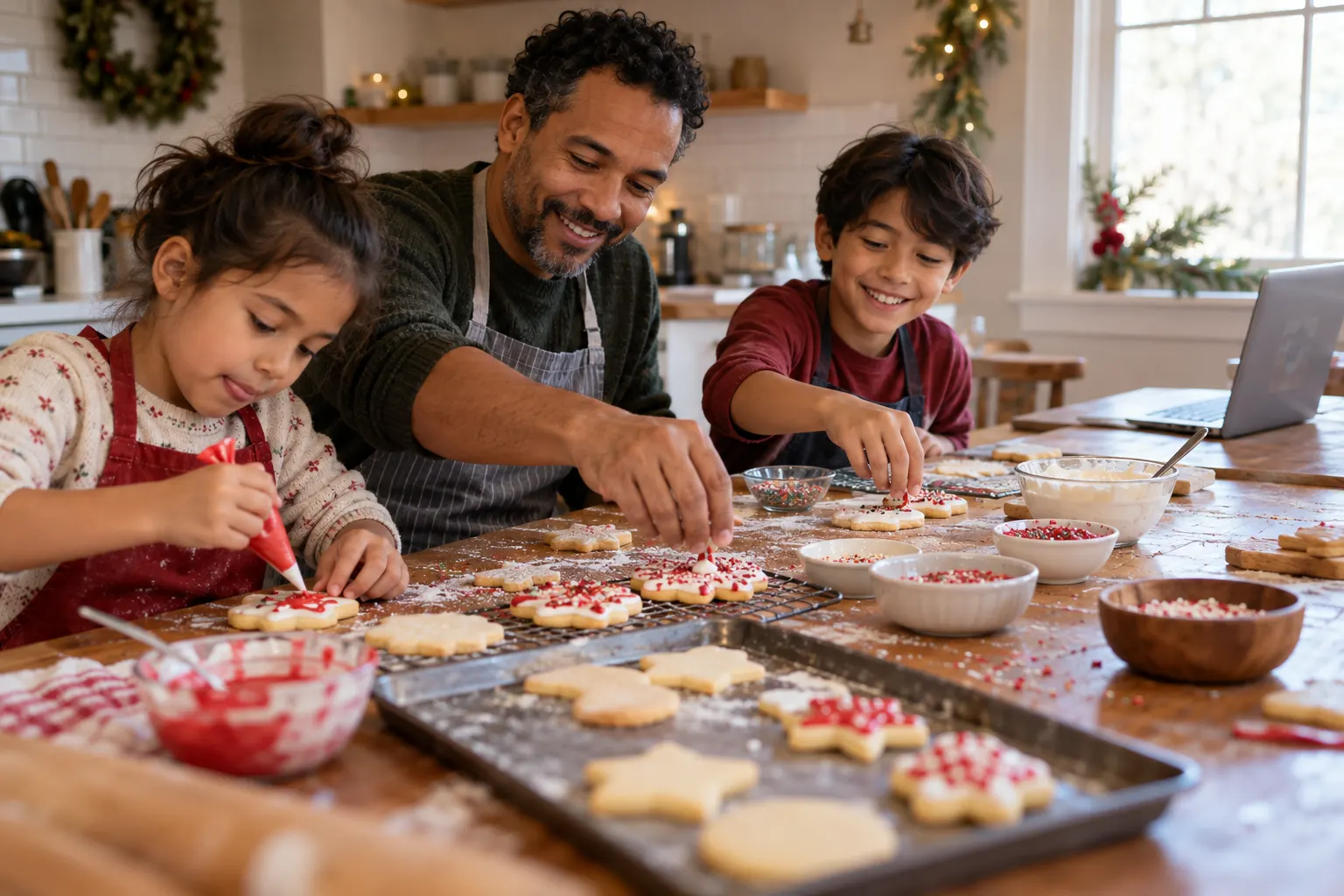 A father and two children decorate holiday sugar cookies at a kitchen table next to a laptop on a video call