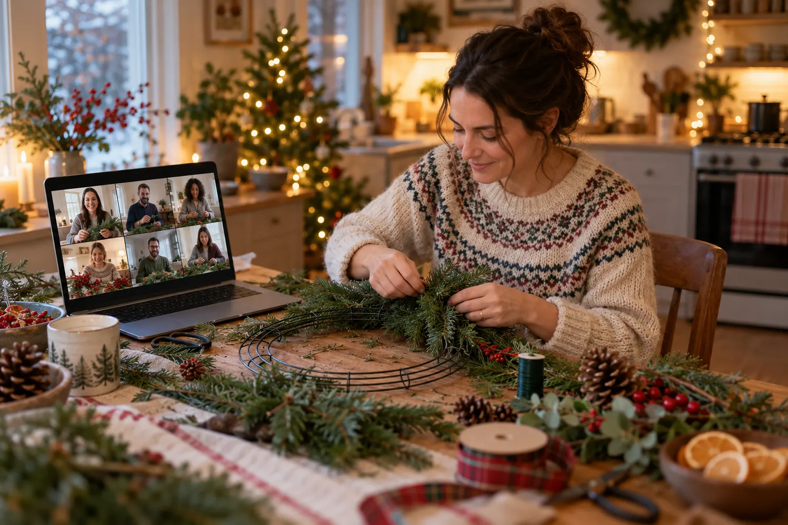A woman builds an evergreen wreath at her kitchen table while coworkers craft along on a laptop video call