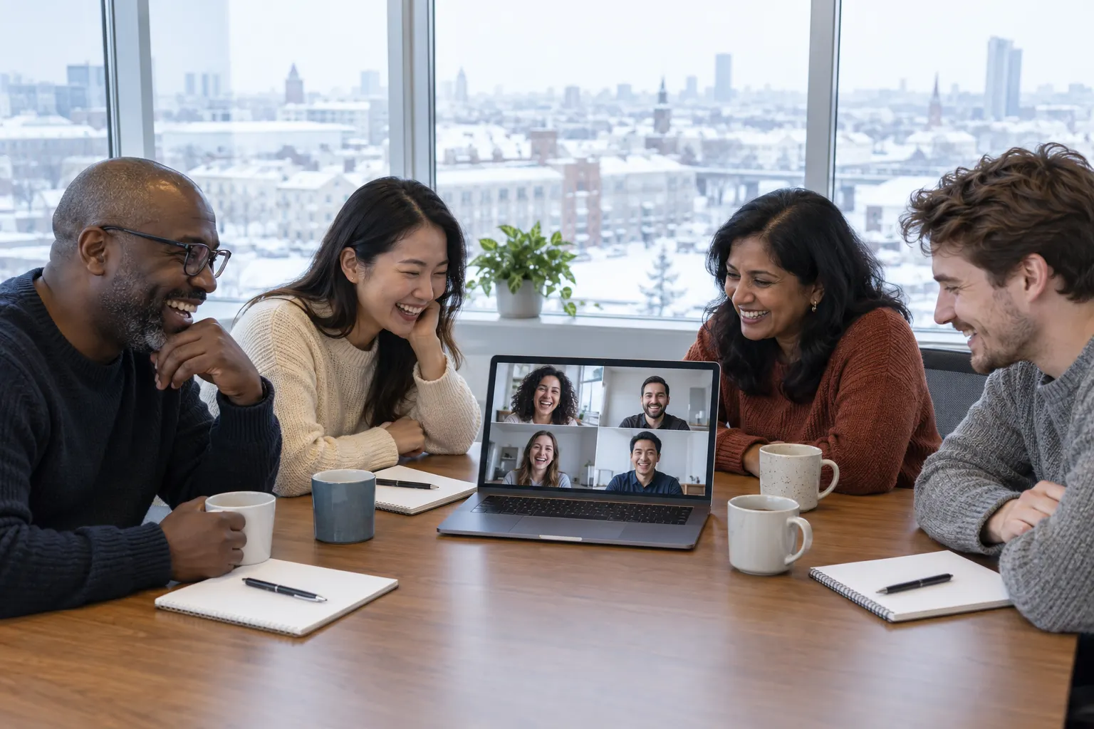Four coworkers in sweaters laugh around a meeting table on a winter morning while remote teammates join on a laptop