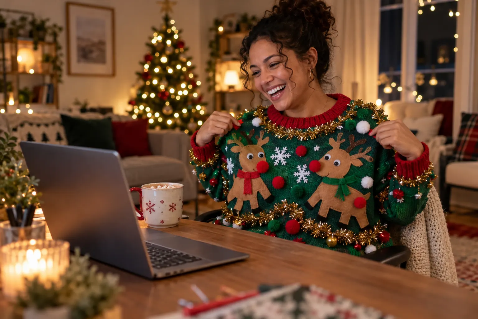 A woman laughs on a video call while showing off a homemade ugly Christmas sweater with felt reindeer and tinsel