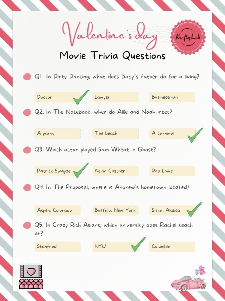Valentines day trivia movie answer sheet
