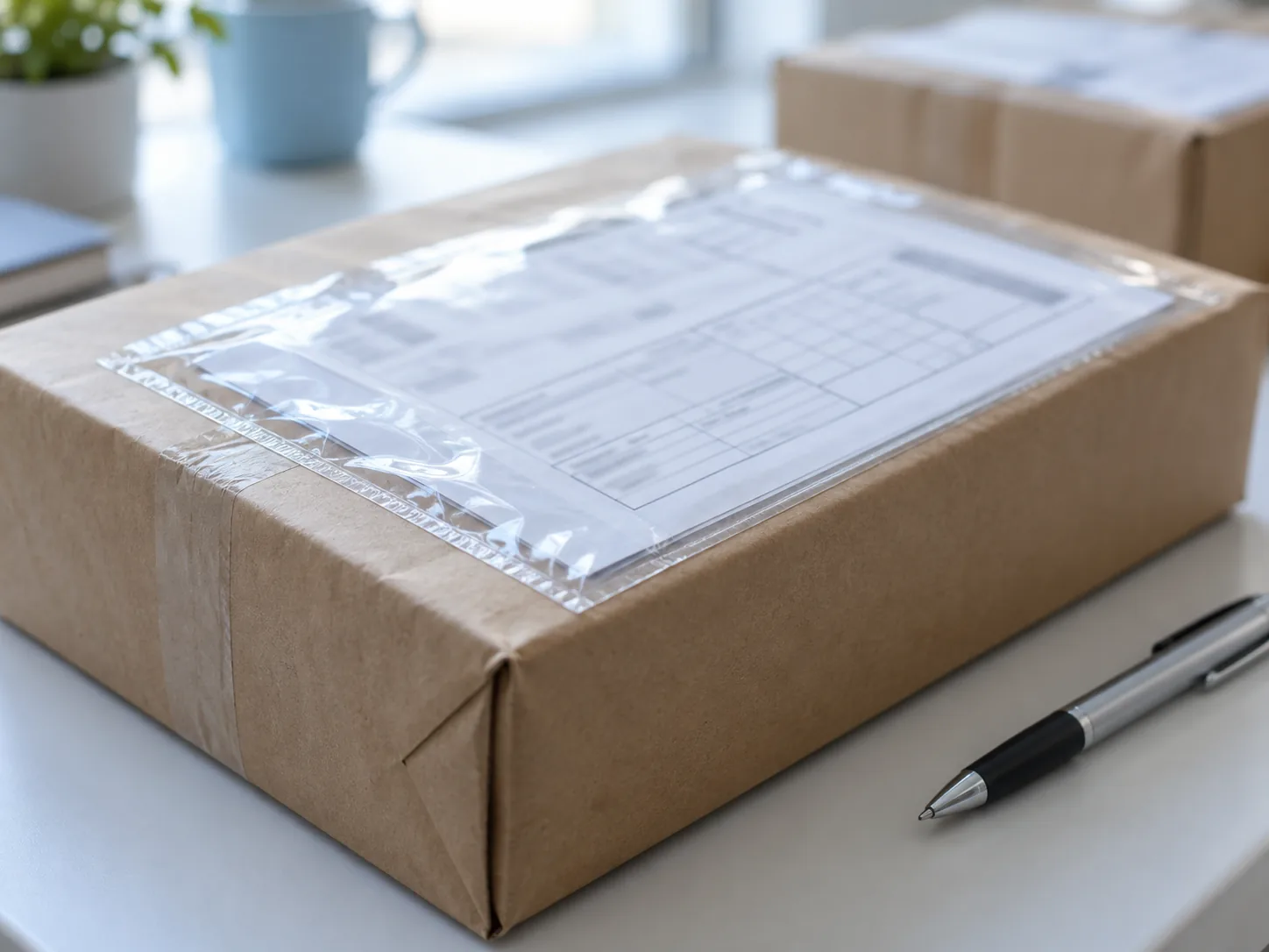 Customs documentation in a clear pouch attached to an international parcel