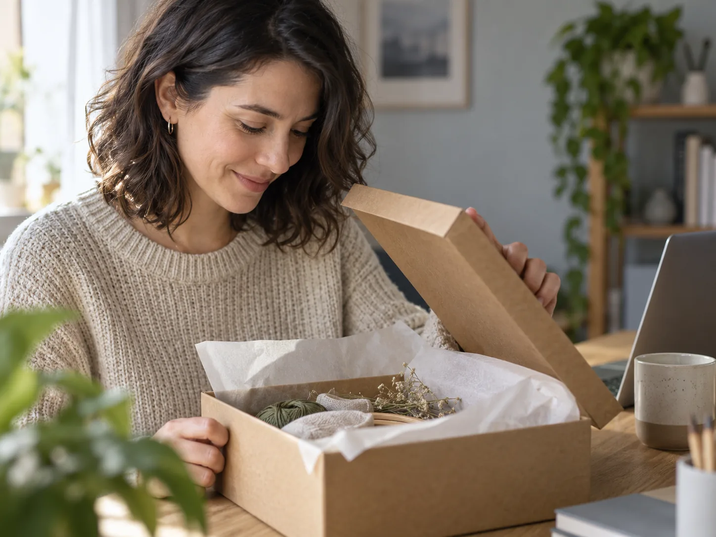 A person at a home desk opening a delivered craft kit box