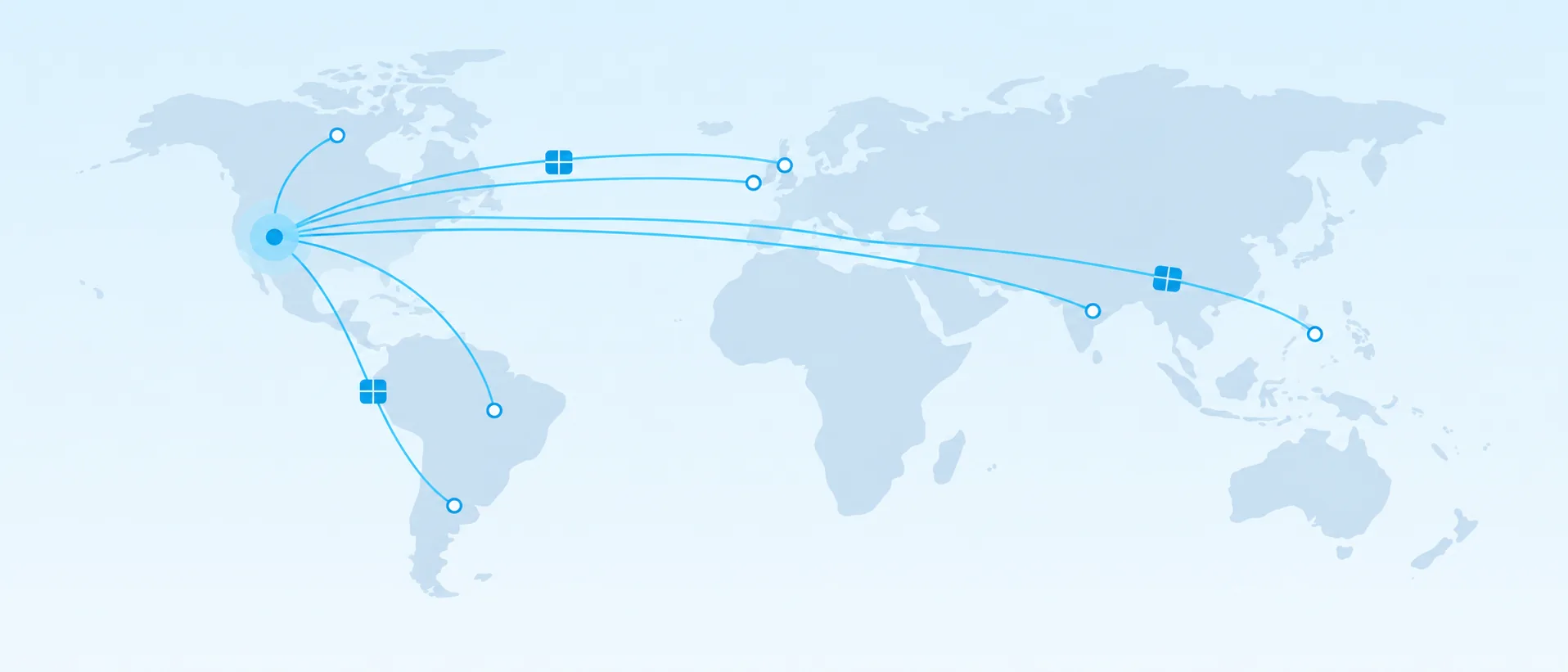 Stylised world map with kit shipments routed to team members on four continents