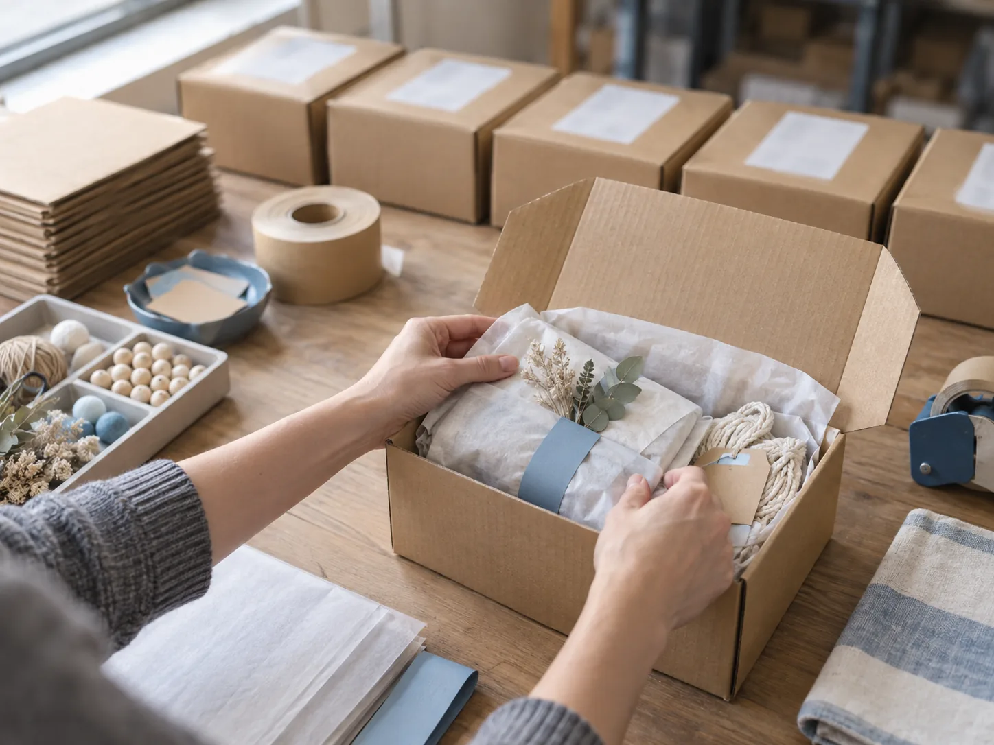 Hands packing craft kit boxes on a bright fulfillment bench