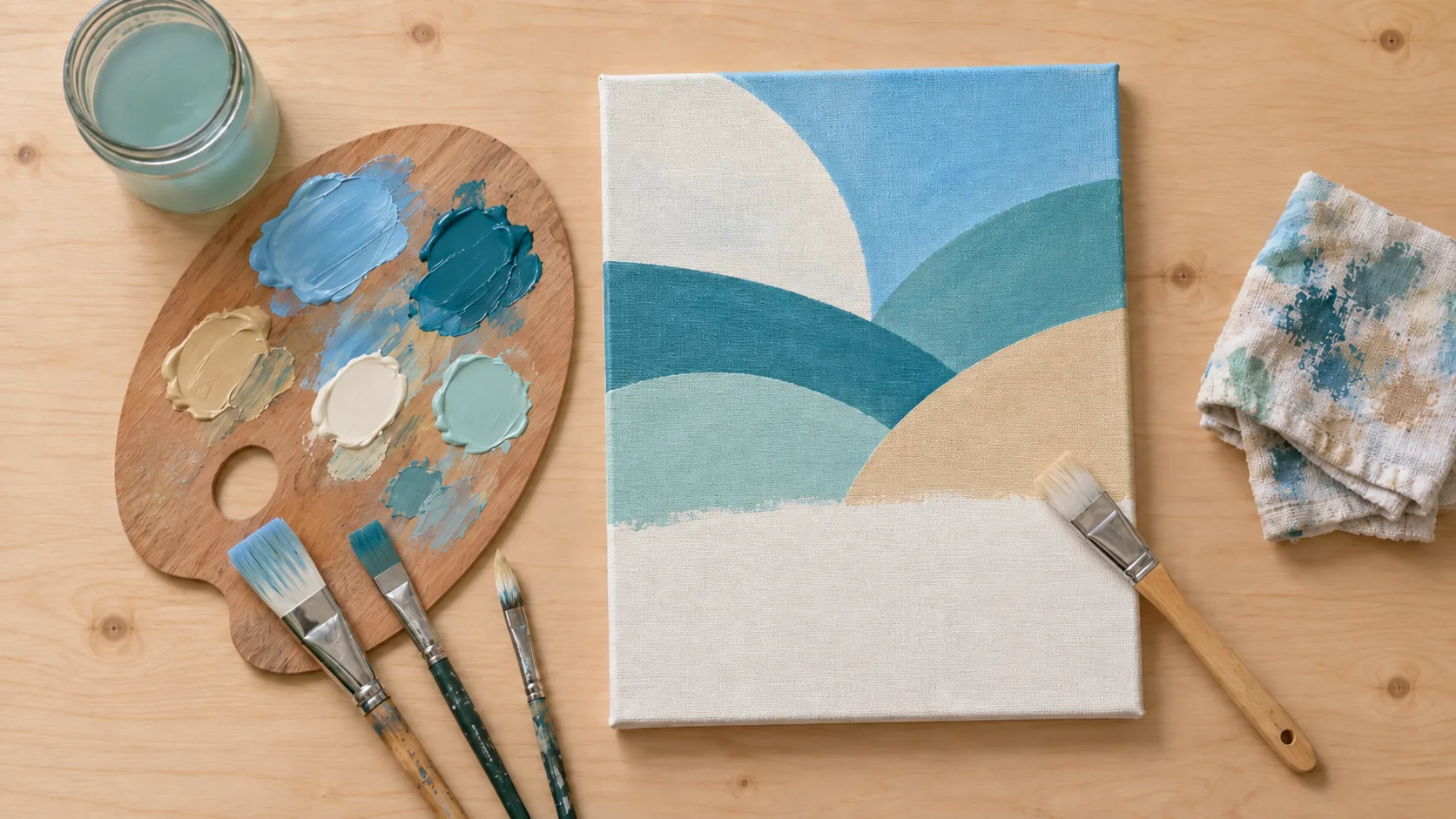 Painting kit with brushes, palette and a part-finished canvas on a desk