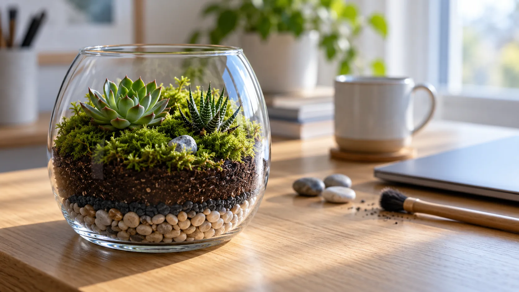 A finished glass terrarium on a home-office desk beside a laptop