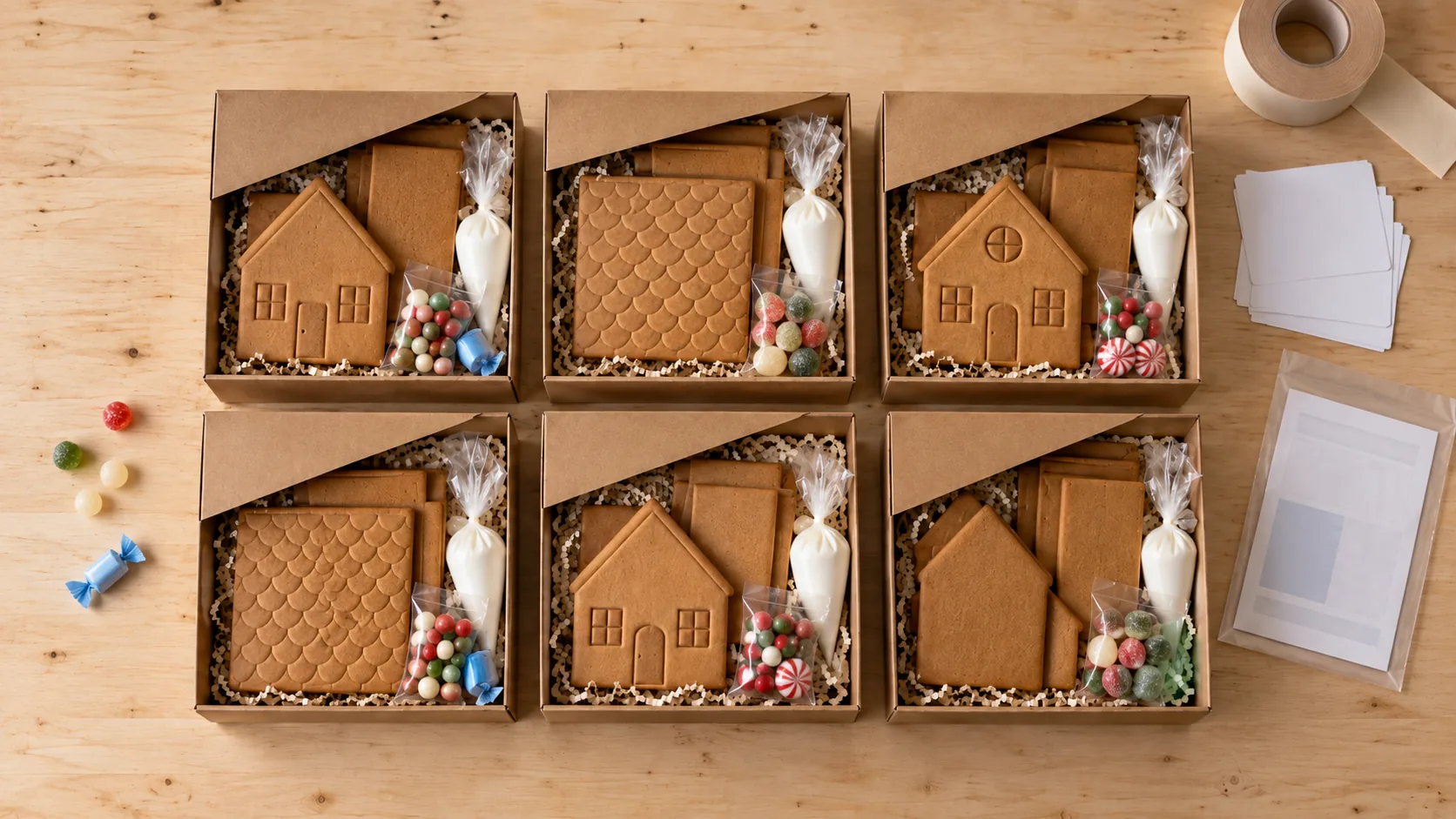 Gingerbread house kits packed and labelled for shipment to four countries