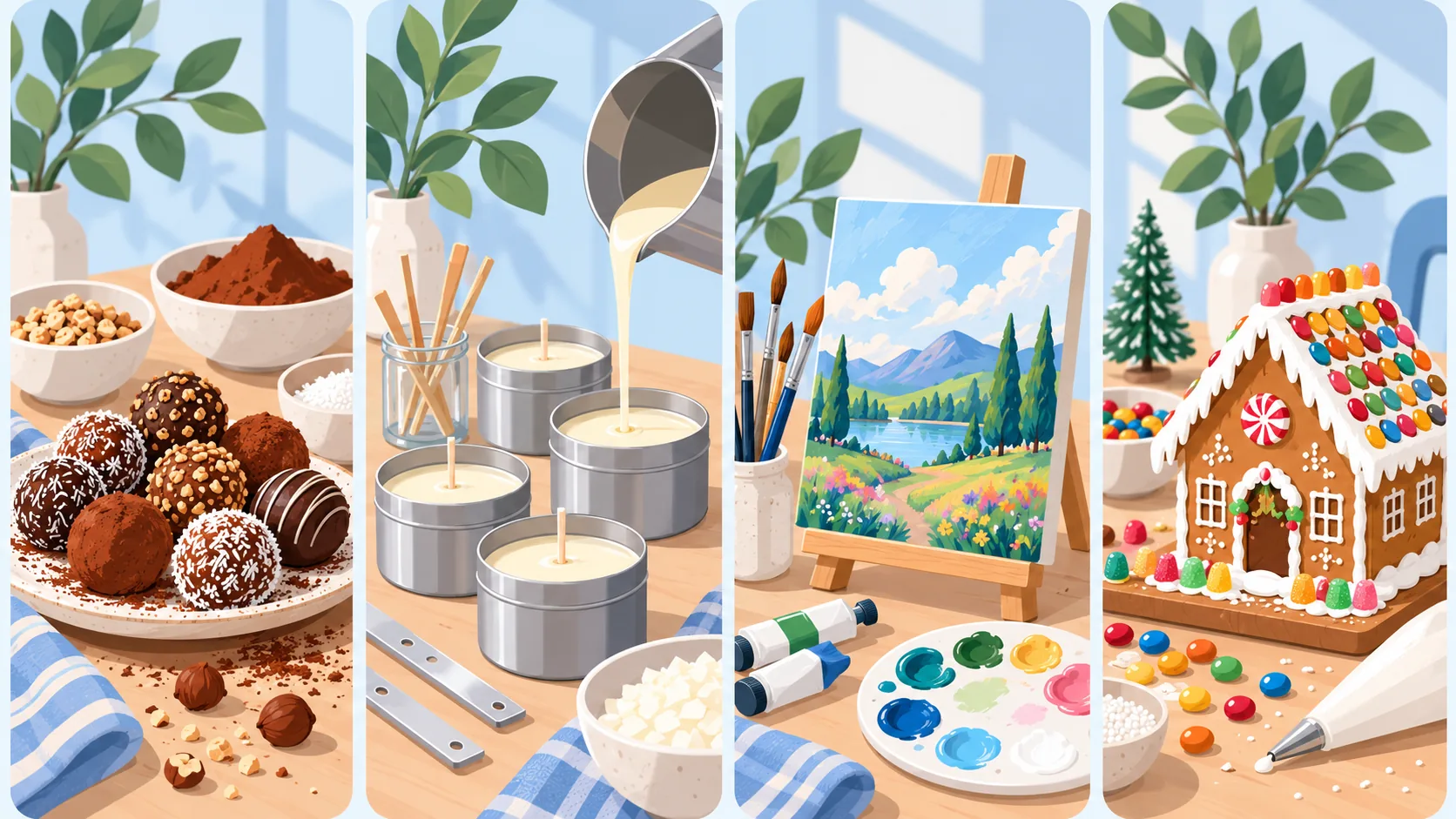 Four side-by-side panels showing the activity tracks: chocolate truffles, candle making, painting, and a decorated gingerbread house