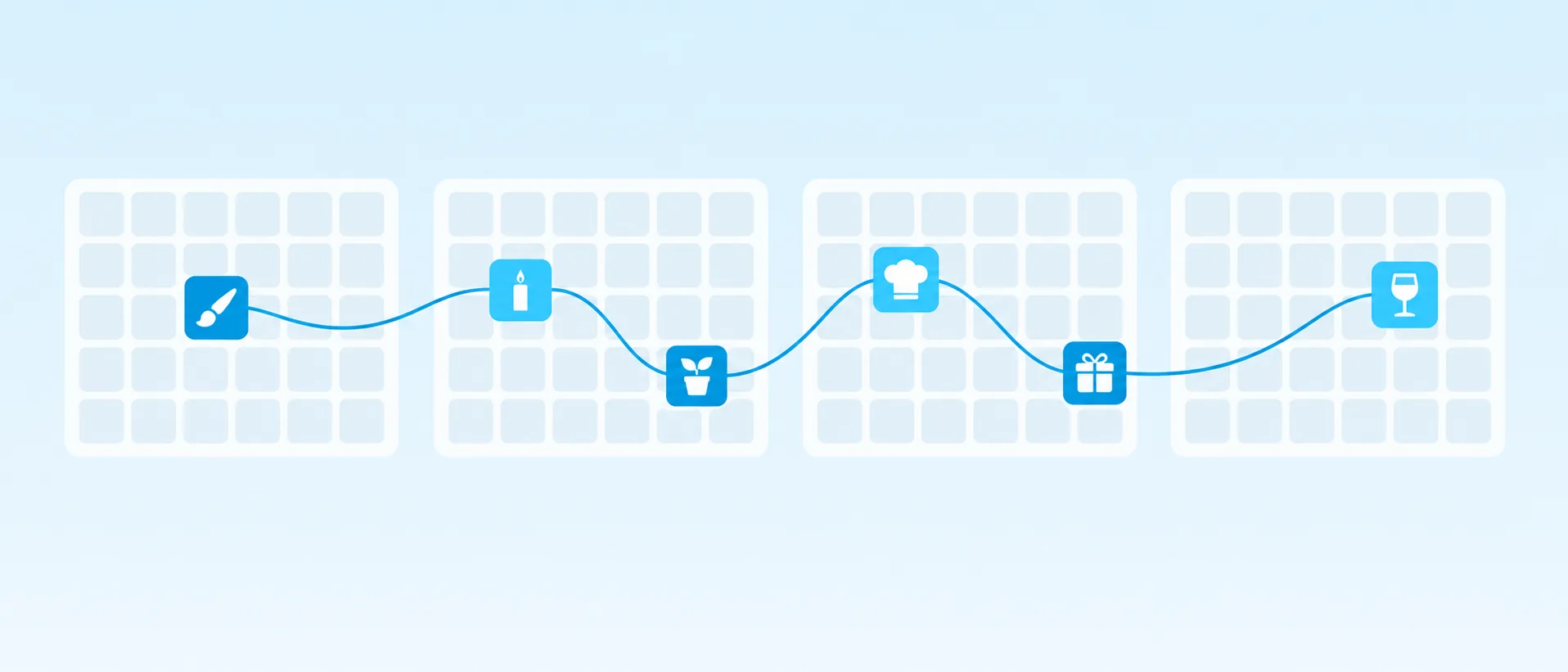 A four-quarter calendar grid with team events placed across the year