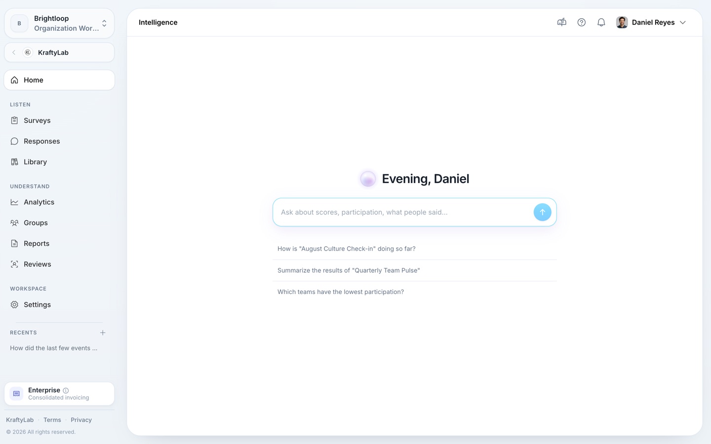 KraftyLab Intelligence Ask home — a greeting, one ask input, and suggested questions about your team's surveys