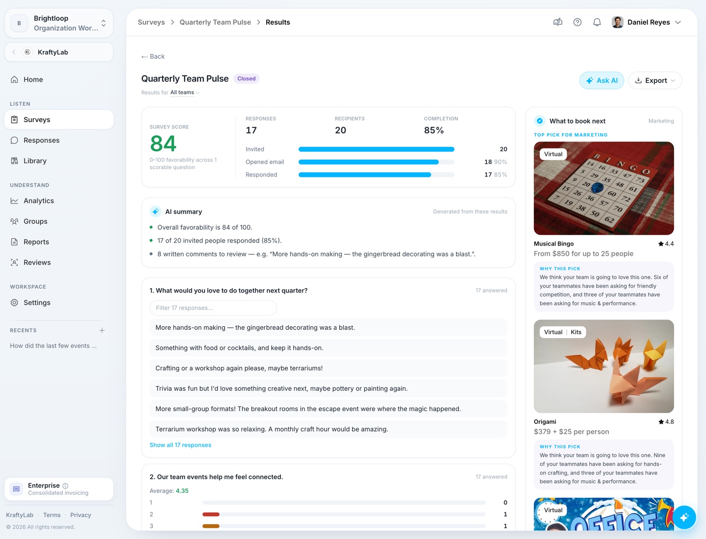 Survey results beside the "What to book next" rail — ranked activity picks, each with an AI-written "Why this pick" paragraph citing team signals