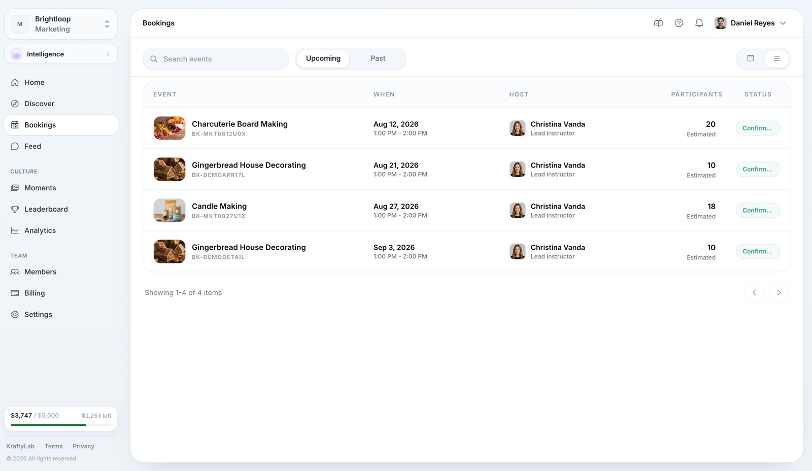 KraftyLab portal — upcoming team bookings
