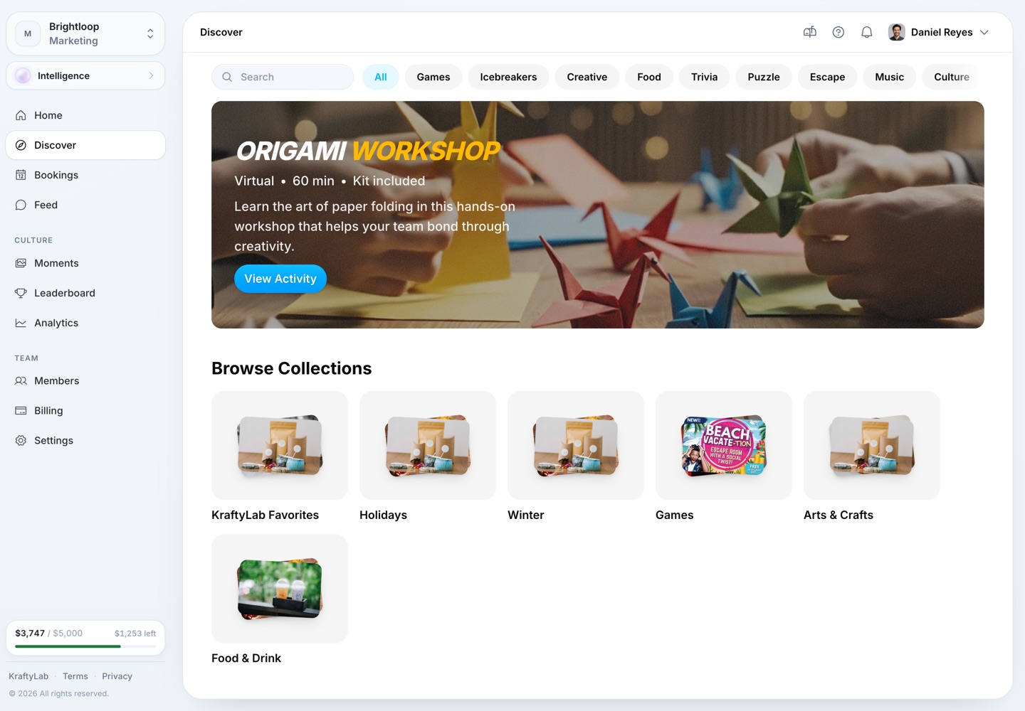 KraftyLab portal — the approved activity catalog