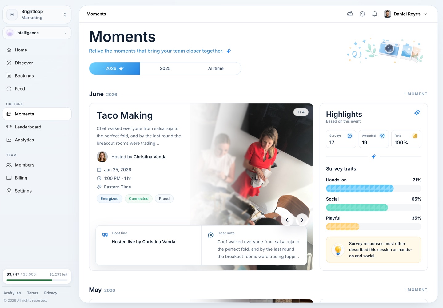 A team Moments page — the "Taco Making" gallery with host line and feeling chips